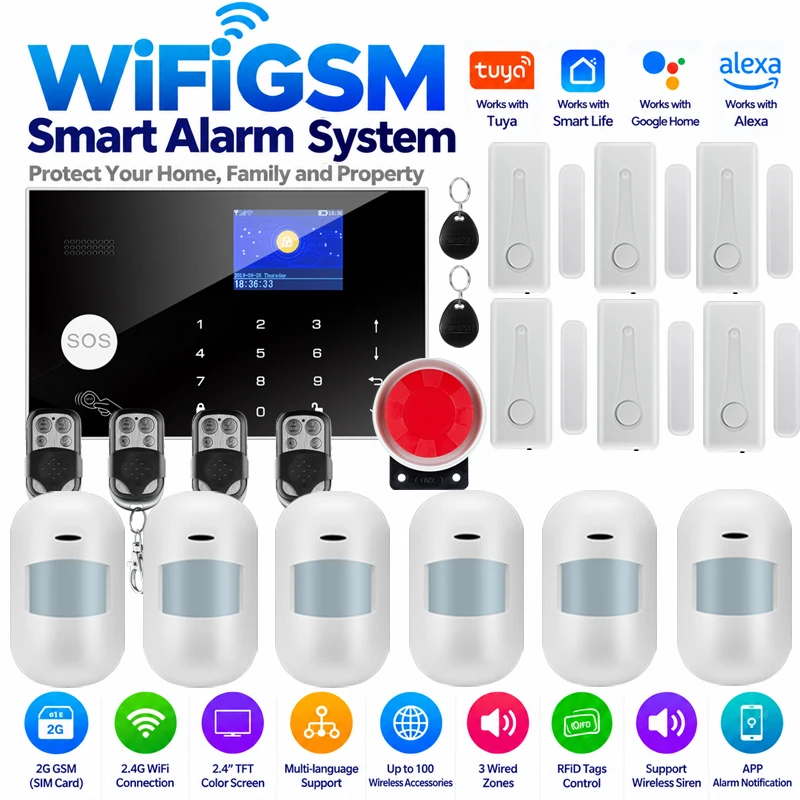 WiFi Alarm System for Home Burglar Security work with Tuya Smart House App Control 433MHz GSM Wireless With Motion Sensor