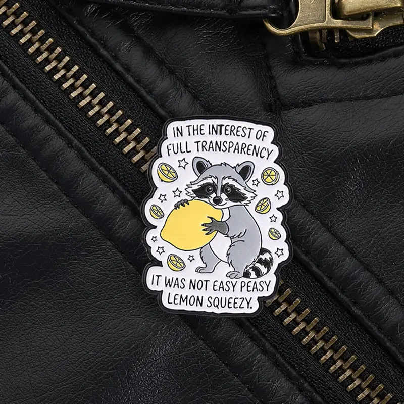 Raccoon With Lemon Slice And Star Decor Enamel Pin, Playful Animal Brooch For Humor Gift And Casual Style