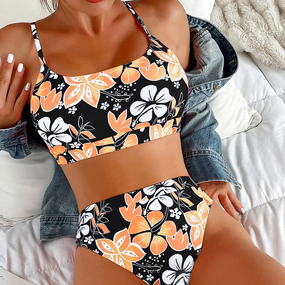フラワー柄水着 レディース 2023 セクシー ハイウエスト ツーピース ビキニセット Uネック サスペンダー サマー バックレス ビーチ 水着