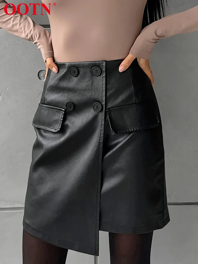 

OOTN Irregular Mini Skirts Women Sexy PU Black A-Line High Waist Slim Short Skirt Buttons 2024 Summer Fashion Streetwear Solid