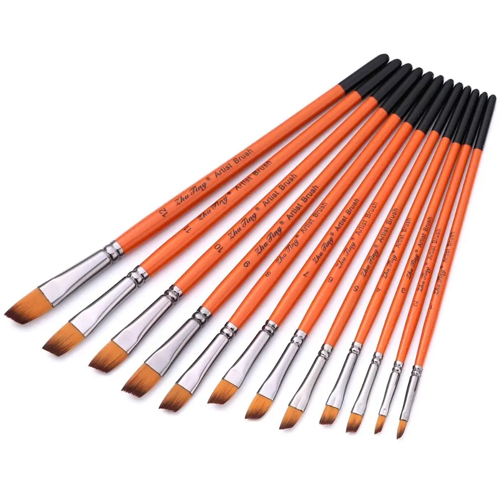 

12pcs/set Multifunctional Painting Brush Set Professional Wooden Handle Watercolor Drawing Brushes Orange Nylon