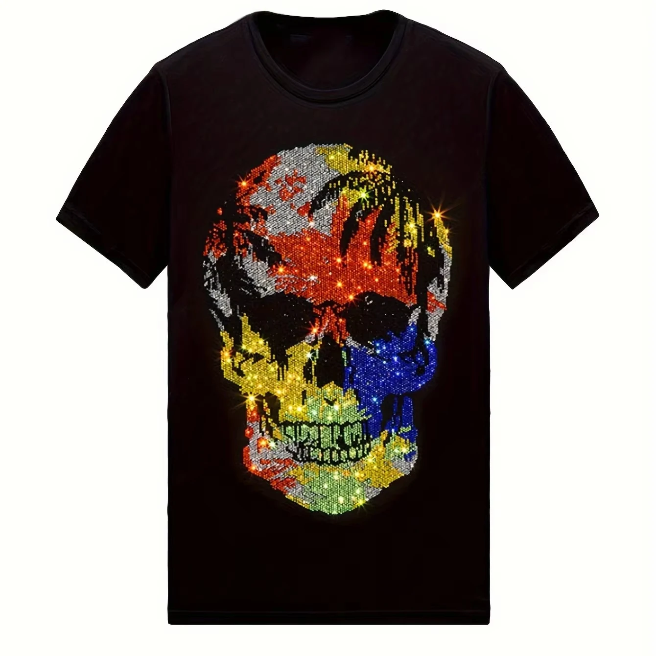 2026 Men Women Sparkling Rhinestone Skull Graphic T-Shirt Black with Multicolor Bling Round Neck Short Sleeve Casual Tee