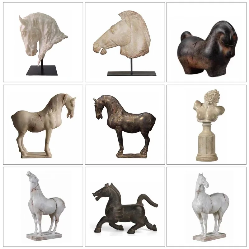 Medieval wabi sandy wind model room TV cabinet, villa office display cabinet, retro sculpture horse art decoration ornament