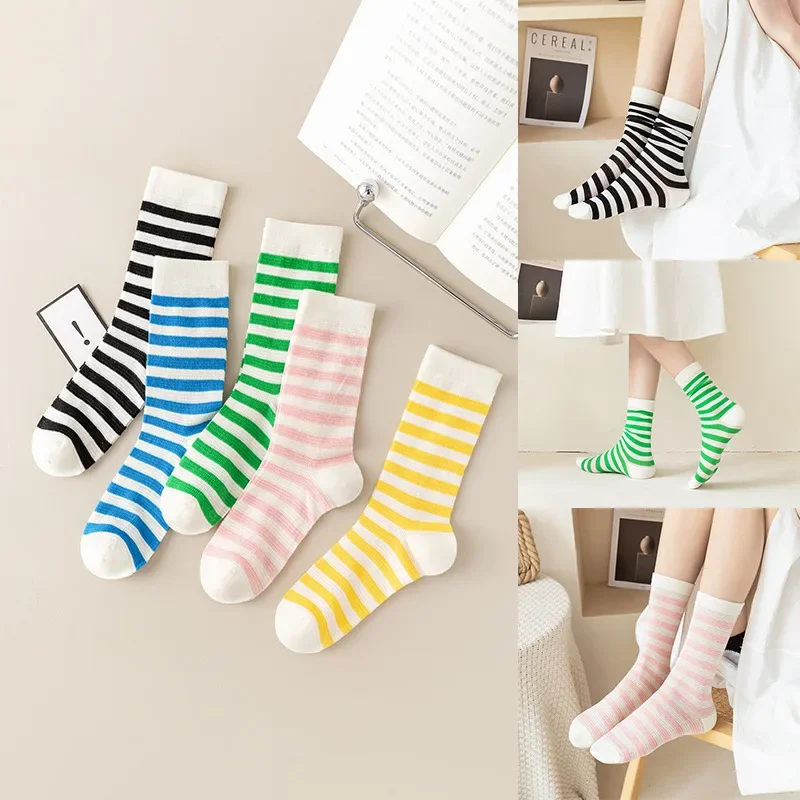 

Fashion Candy Color Striped Thin Socks Streetwear Designer Ins Mesh Breathable Hollow Women Cotton Boneless Mid-Tube Long Socks