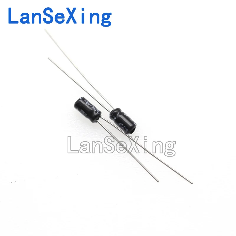 Capacitor eletrolítico de alumínio inline, 25V, 4.7UF, 25V, Volume 3x5mm