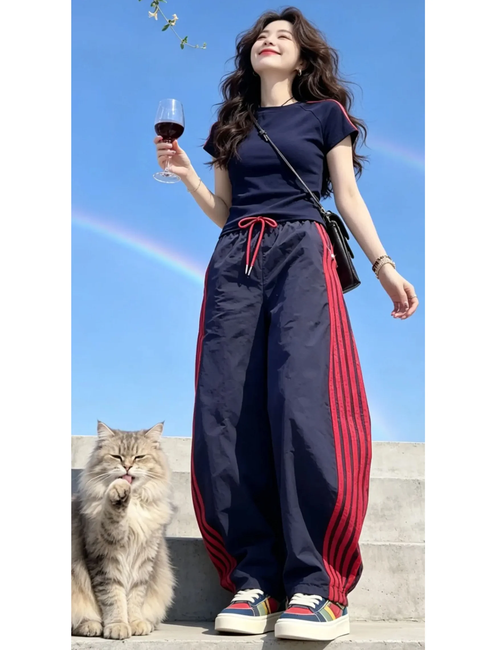 

High Waist Wide Leg Pants Women's Summer Loose Feeling Short Sleeve T-Shirt Two-Piece Set Casual Style round Neck Top