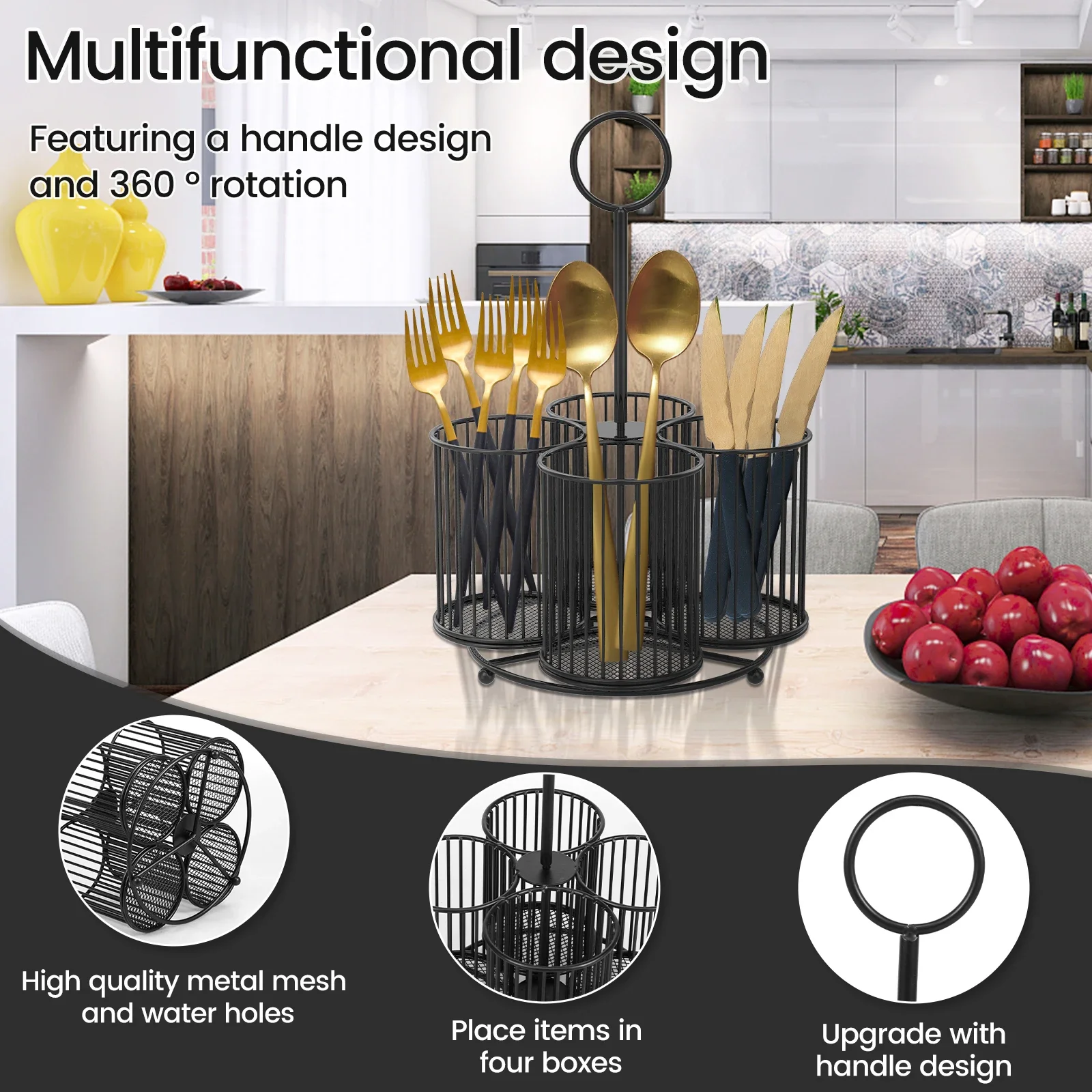 360° Rotating Cutlery Drain Racks Metal Multifunctional Chopstick Spoon Storage Holder With 3/4 Compartment for Kitchen Tools