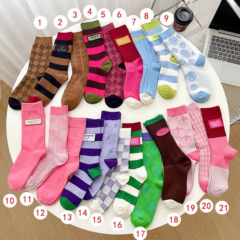 Women's Mid-calf Color-block Trendy Socks, Spring-autumn Branded Striped Cotton Socks, Korean-style Long Socks