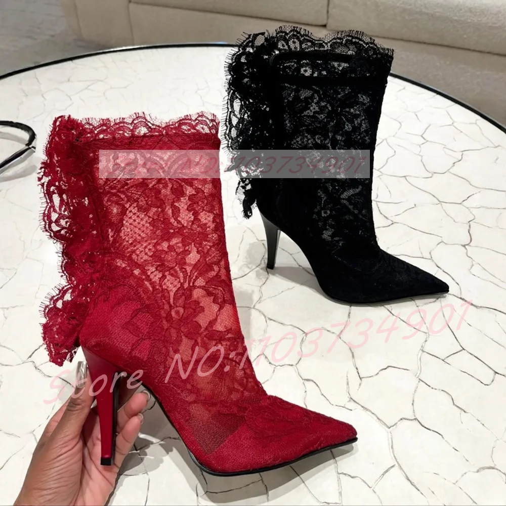Red Lace Floral Pattern Stiletto Boots Women Ruffles See-through Pointed Toe High Heels Ankle Boots Wedding Evening Dress Shoes