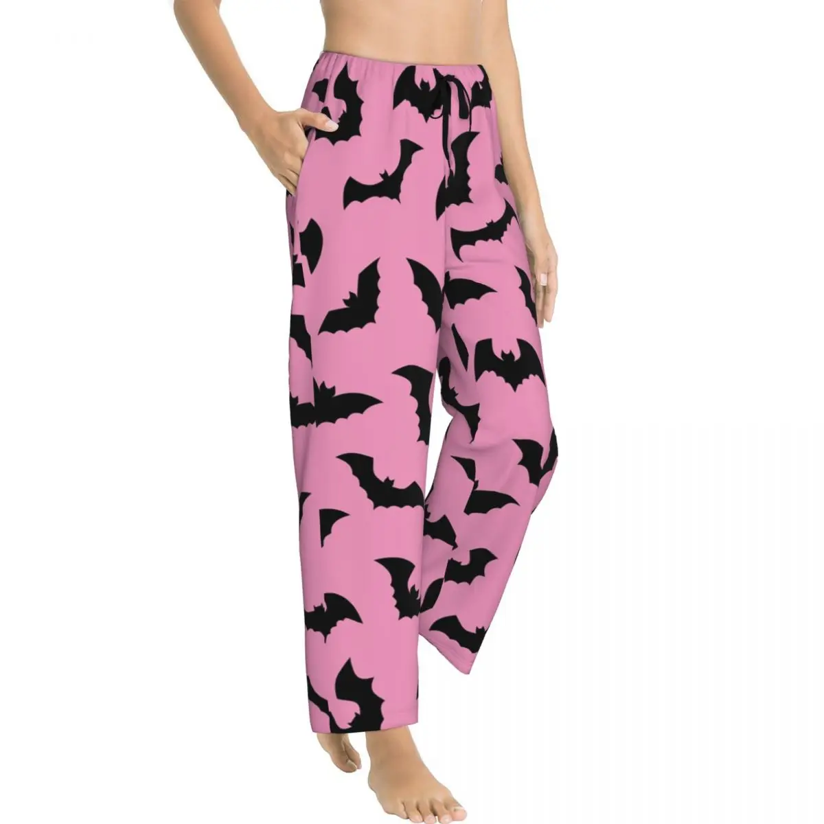 Custom Print Women Pastel Goth Pink Black Bats Pajama Pants Halloween Witch Sleepwear Sleep Lounge Bottoms with Pockets