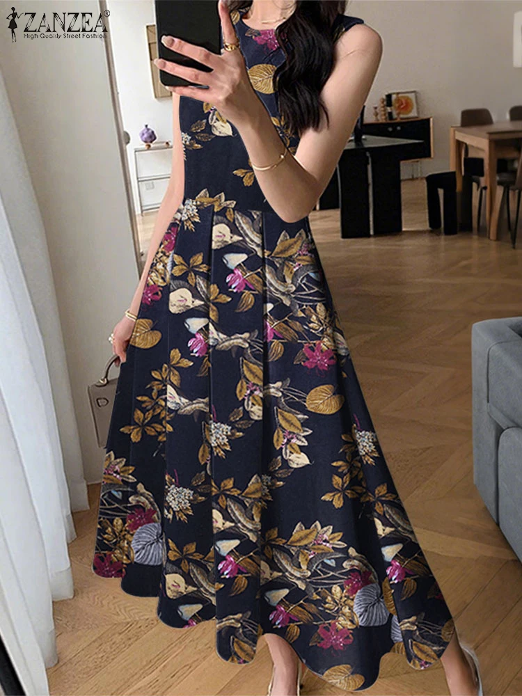 ZANZEA Abito da donna a metà polpaccio Abito estivo stampato floreale vintage 2025 Casual A-Line Abito a pieghe senza maniche Abiti da festa estivi