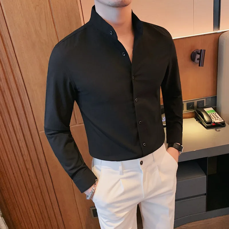 Men\'s Long Sleeve Shirt Stylish Chinese Stand Collar Business Shirts Casual Slim Fit Office Wear Social Shirt White Luxury 2024