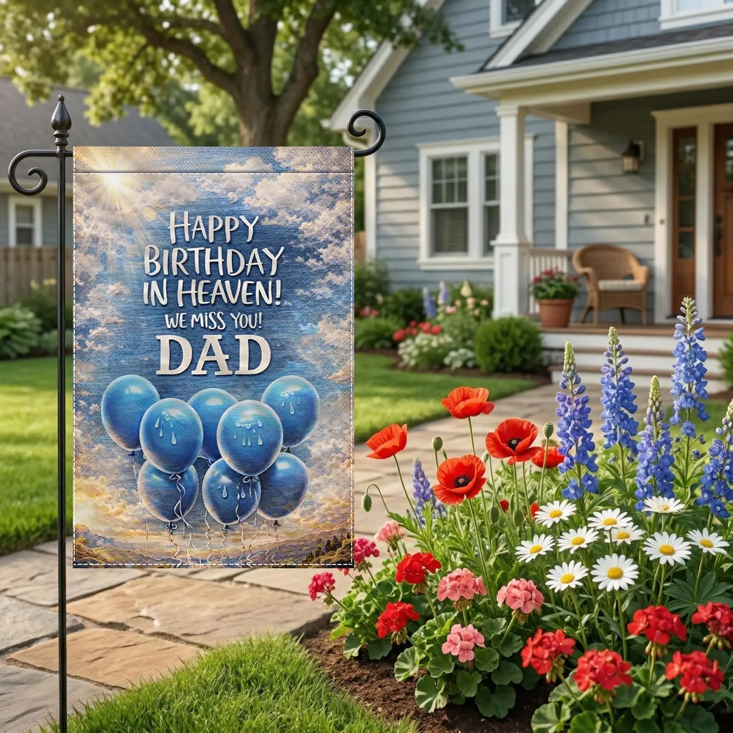 Happy Birthday in Heaven Dad Memorial Garden Flag 12x18 Inch | Double sided polyester, blue balloon artwork, remembrance tri uui