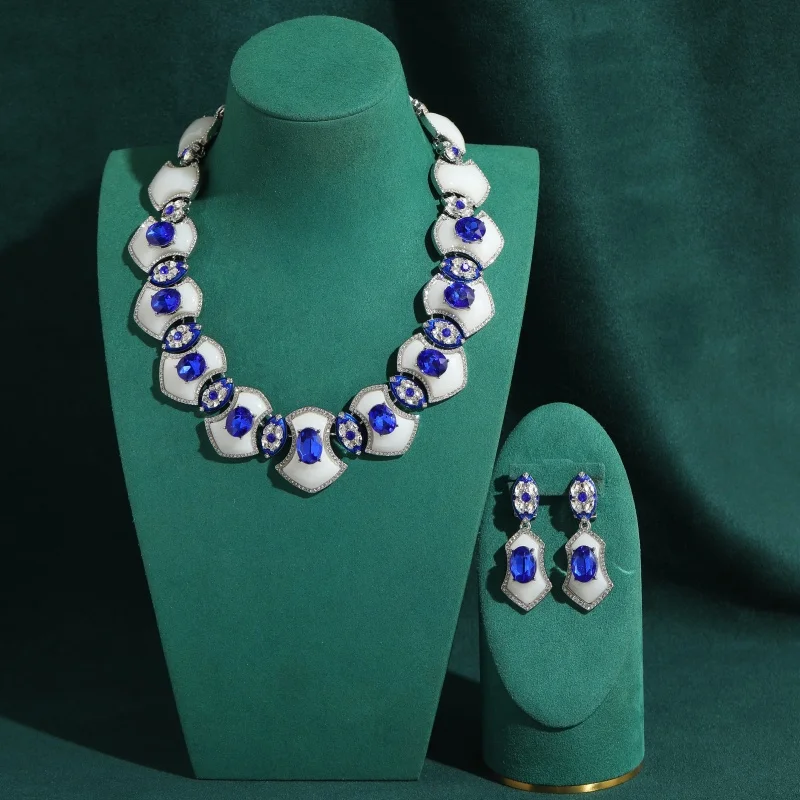 Vintage Blue Crystal White Shell Jewelry Sets Necklace Earrings Luxury Classic Elegant Silver Color Brand Trendy Gifts For Women