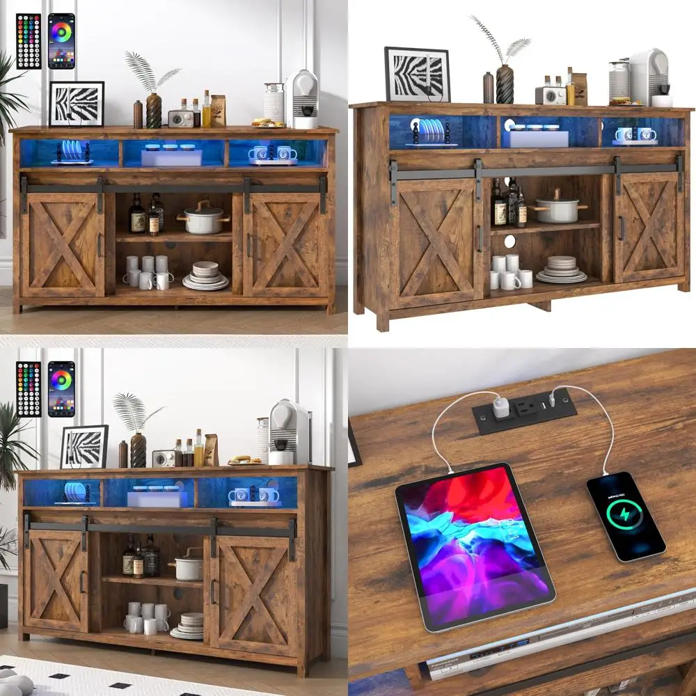 خزانة بوفيه خشبية ريفية مع مخرج طاقة، وخزانة جانبية لتخزين غرفة الطعام باللون البني