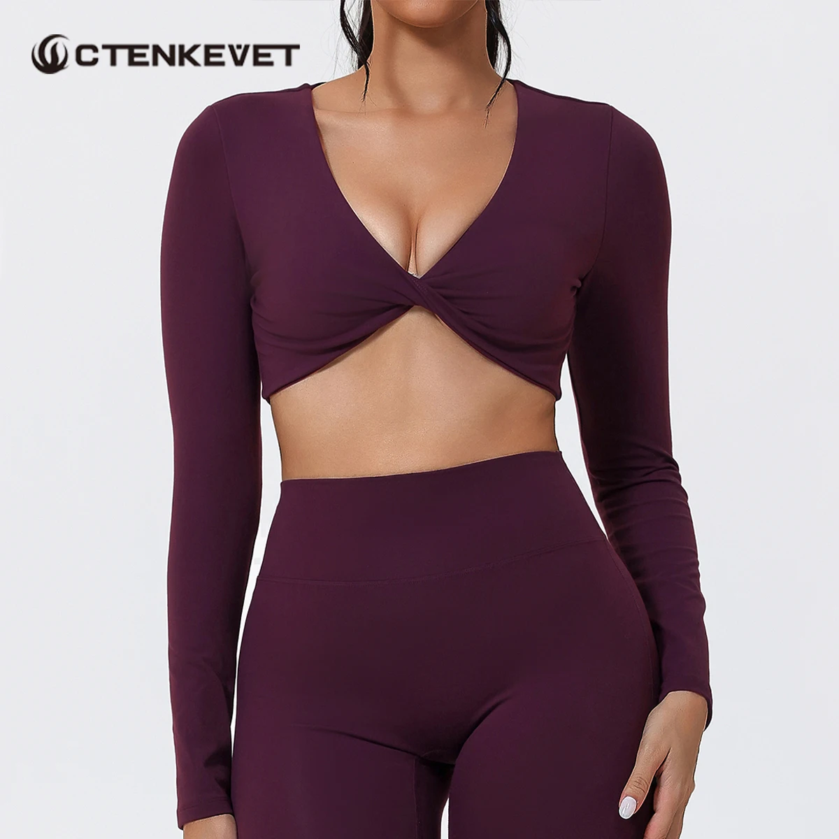 New Fall/Winter Women's Long-Sleeve Fitness T-Shirt Women's Outdoor Running & Fitness Top Women's Deep V-Neck Yoga Wear