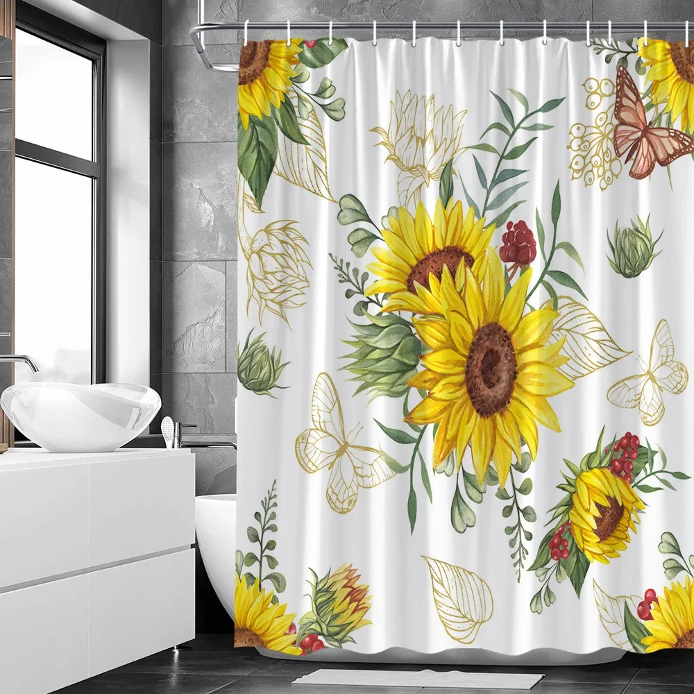 Yellow Sunflower Shower Curtain Summer Floral Fabric Decorative Bathroom Hanging Curtains Autumn Rustic Botanical Bathroom Decor