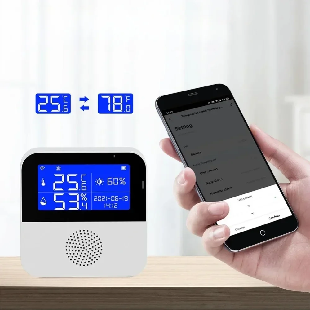 Wireless WiFi Temperature and Humidity Sensor, Alarm for Indoor and Outdoor Use, Compatible with Alexa