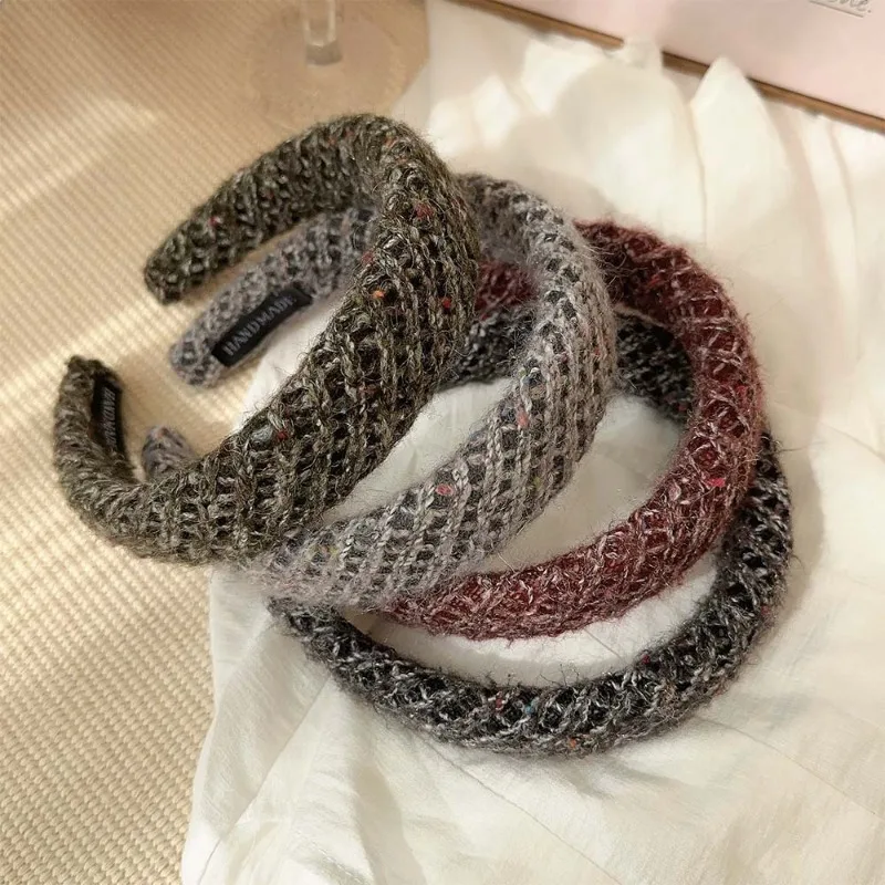 Woven French tweed wide edge high skull headband women's autumn  winter going out temperament versatile pressure headband women