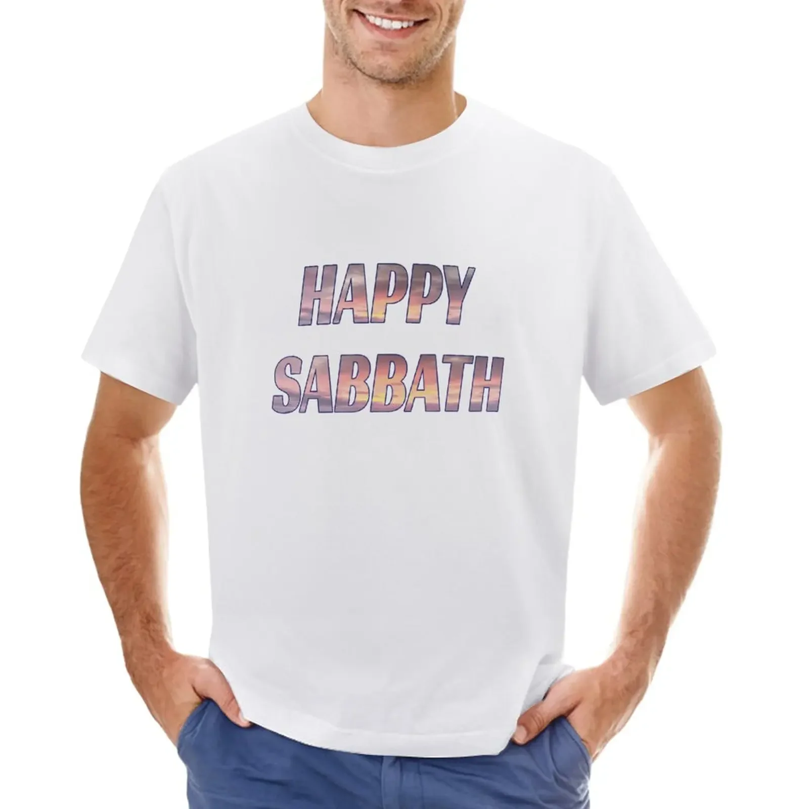 Happy Sabbath Sunset Text Art - Two Lines - Adventist Sabbath Greeting T-Shirt пот милые топы для мальчика мужские тренировочные рубашки