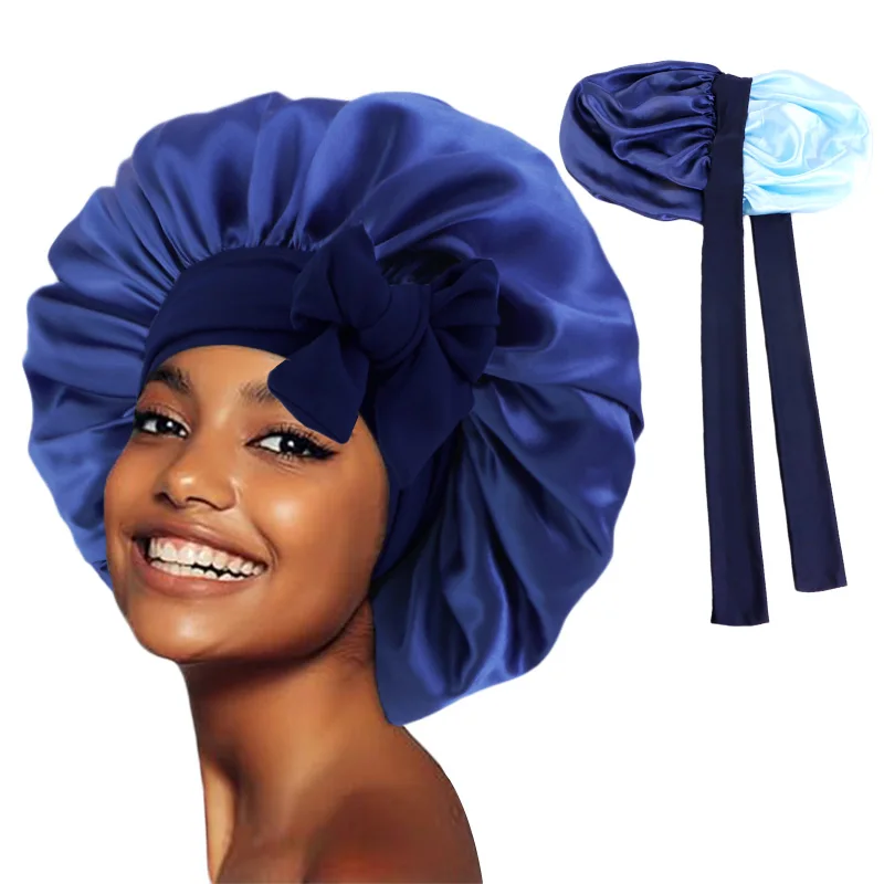 

New Women Double Layer Satin Bonnet Stretchy Tie Band Hair Cap for Curly Hair Adjustable Sleeping Cap Wide-Brimmed Shower Cap