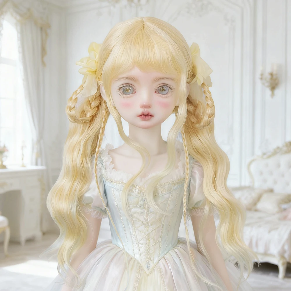 1/6 BJD Wig Brown Braided pigtails doll wig Long Hair with Bangs Gold Mohair braids with bow for SD DD 30cm Doll Hair Accessory