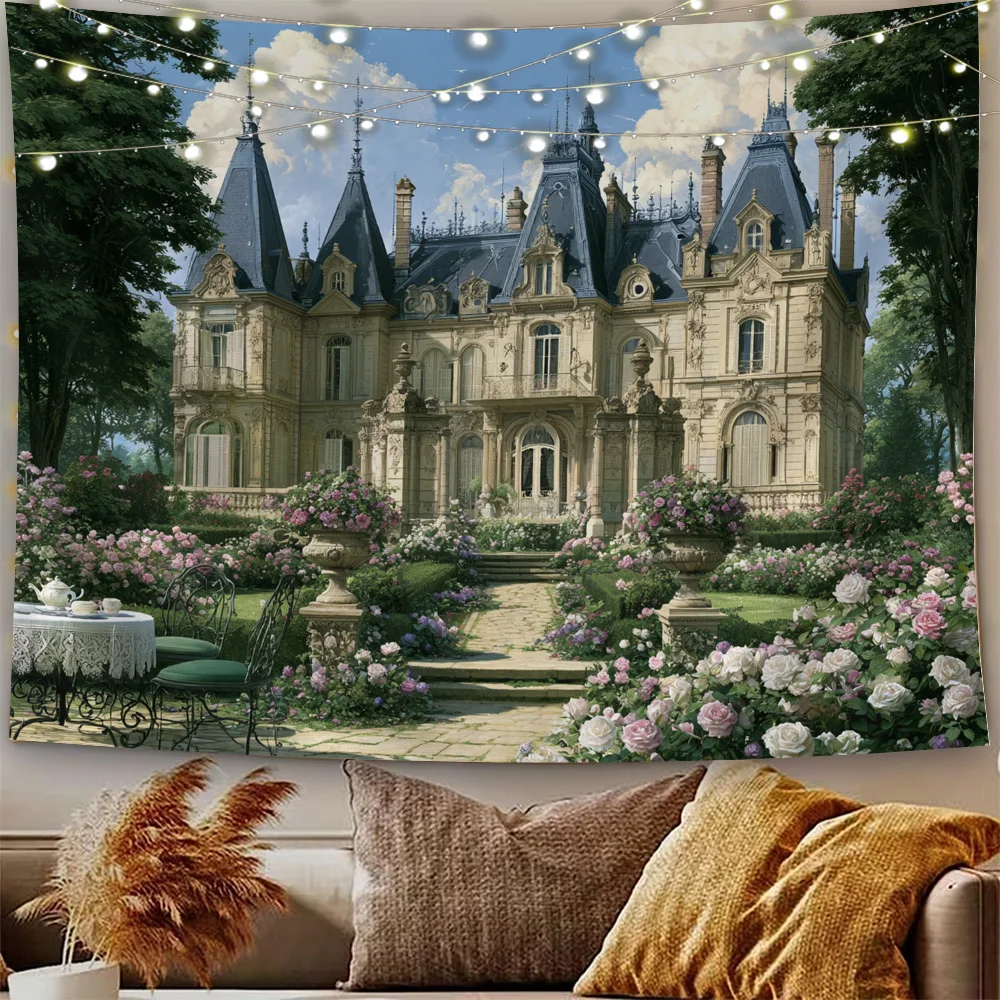 French Castle Garden Tapestry, Vintage Palace Blooming Rose Floral Scenery Art Wall Hanging for Bedroom Dorm Living Room Decor