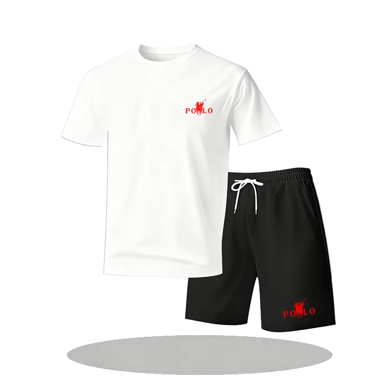 Men's 2 Piece Casual Tracksuit, POLO Horse Print Crew Neck T-Shirt and Drawstring Shorts Summer Sport Outfit Set view 2