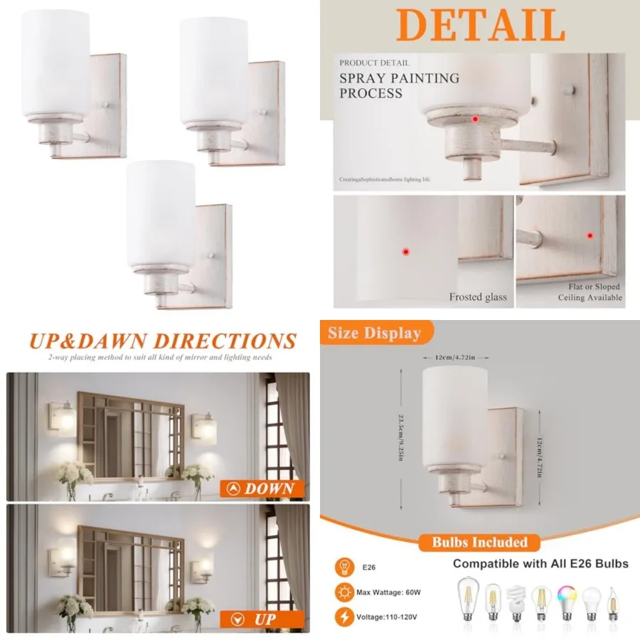 

Bath Vanity Light Fixture, Modern Indoor Wall Scone Lighting with Opal White Glass Shade, Wall Lamps
