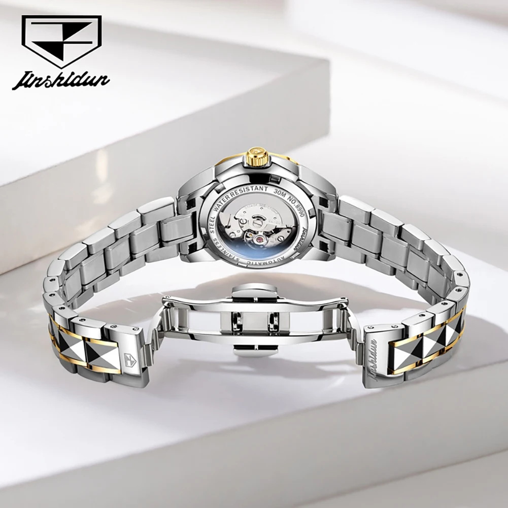 JINSHIDUN 8990 Brand original authentic tungsten steel strap double calendar women's mechanical watch