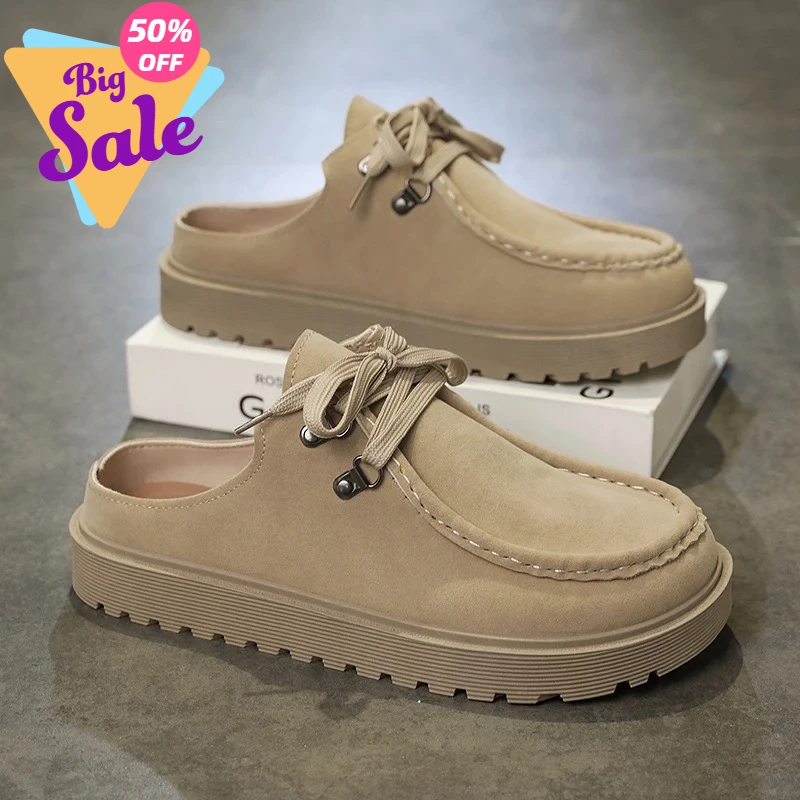 Platform Mules Men Backless Loafers Slipper Thick-soled Half Shoes For Man Closed Toe Slide Sandals Open-back Casual Boat Shoes