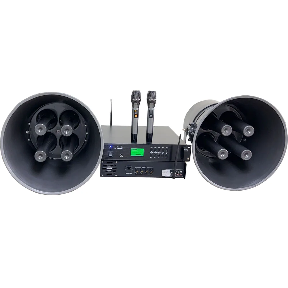 

1000W Amplifier with 2 Wireless Microphones and 2 400W Horn Speakers Aluminum Material Wireless Microphone Power Horn Speaker