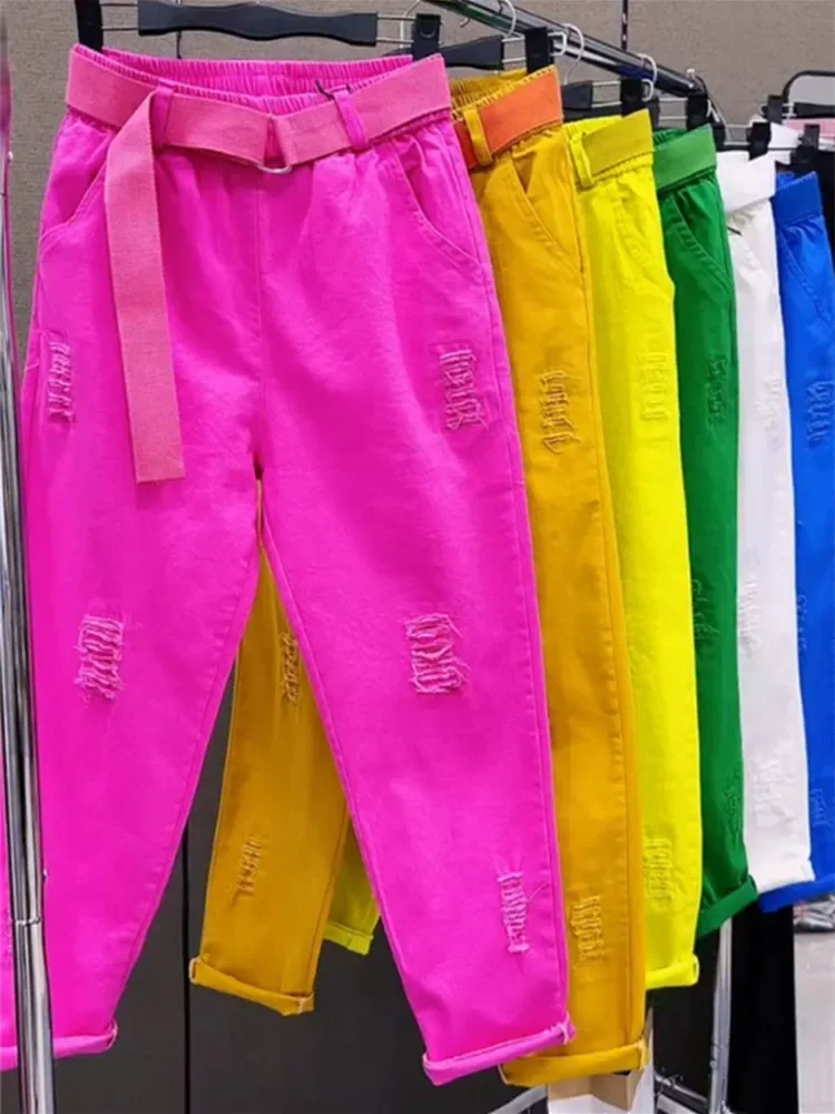 패션 청바지 여성 흰색 봄 가을 새로운 느슨한 데님 하렘 바지 높은 허리 수 놓은 바지 캐주얼 바지 여성
