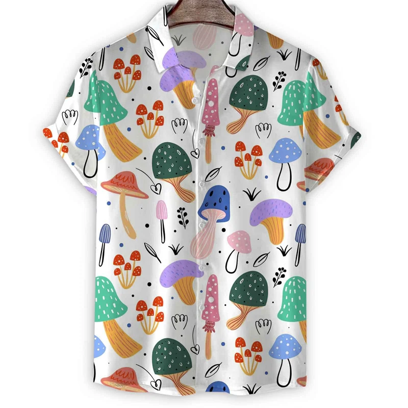 Cartoon Painting 3d Print Mushroom Shirt Men Summer Hawaiian Shirts Beach Oversized Short Sleeves Tops Lapel Aloha Blouse