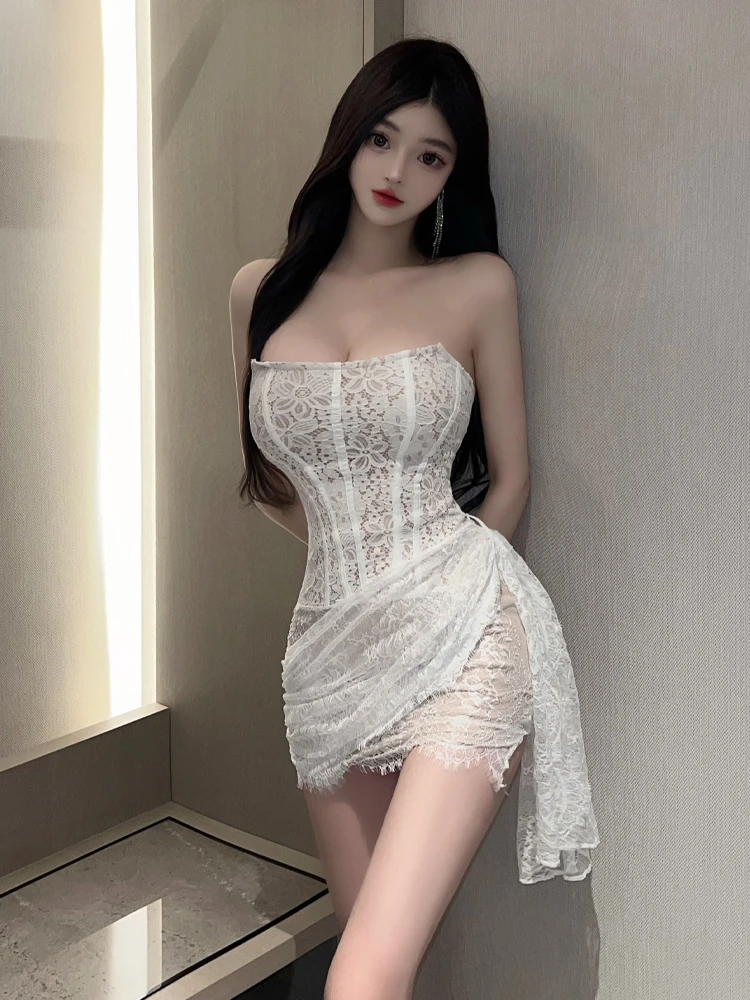 

Sexy Sweet Girl One-oulder Fibone Lace Wrap Dr Pure Desire Waist-Cinching Asymmetrical ort Skirt without Sve