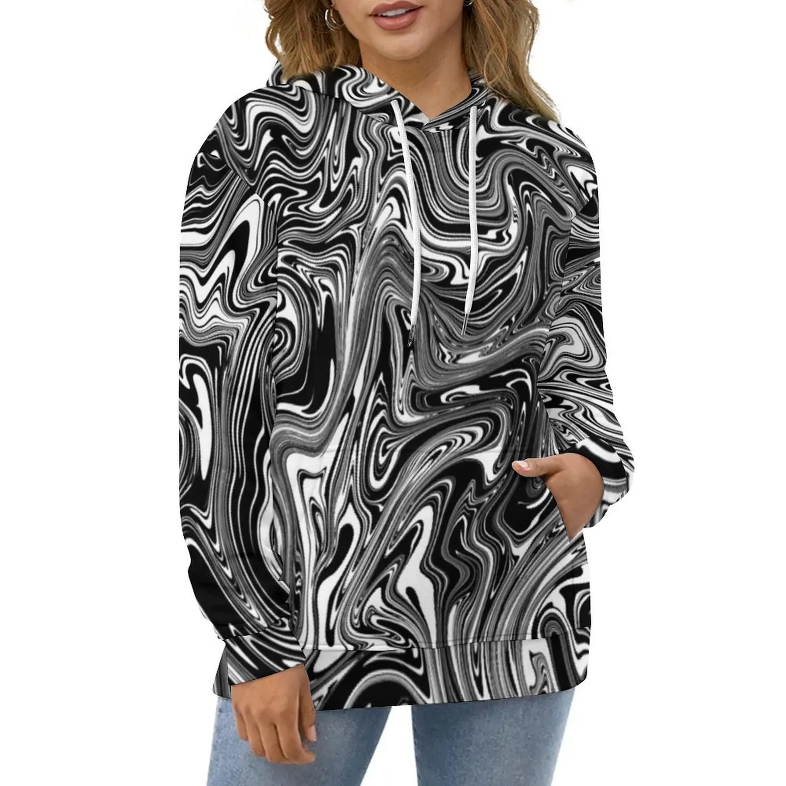 

Black And White Liquid Hoodies Abstract Marble Print Hip Hop Oversize Hoodie Women Long Sleeve Cool Graphic Casual Sweatshirts