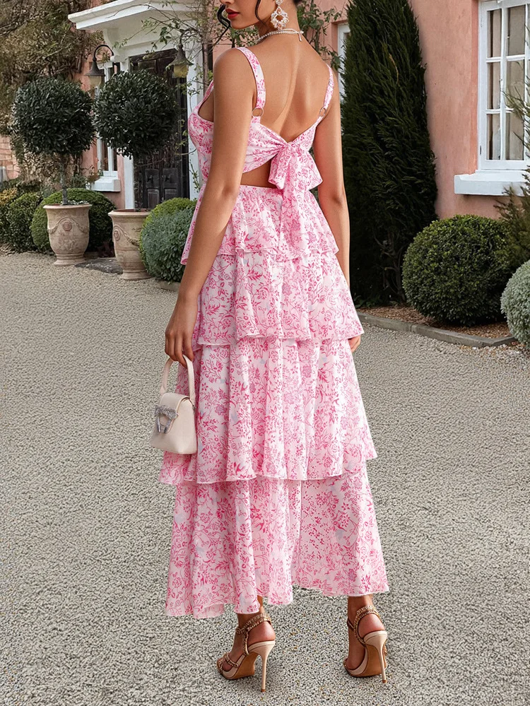 Vestido estampado feminino, sem mangas, estilingue, vestidos longos, linha em camadas, cintura alta, y2k, elegante, casual, verão 2025