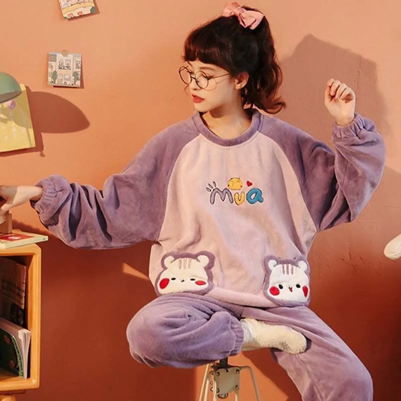 Yellow Purple Light Green Bear Duck Pattern Flannel Pajamas Women\'S Warm Woolen Cartoon Casual Home Pants In Autumn Winter