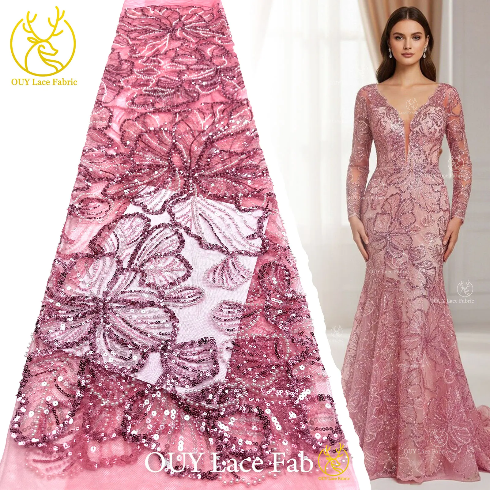

African Sequin Beaded Lace Fabric 2026 French Nigerian Tulle Embroidered Lace Fabric for Women's Party Dresses Sewing Material
