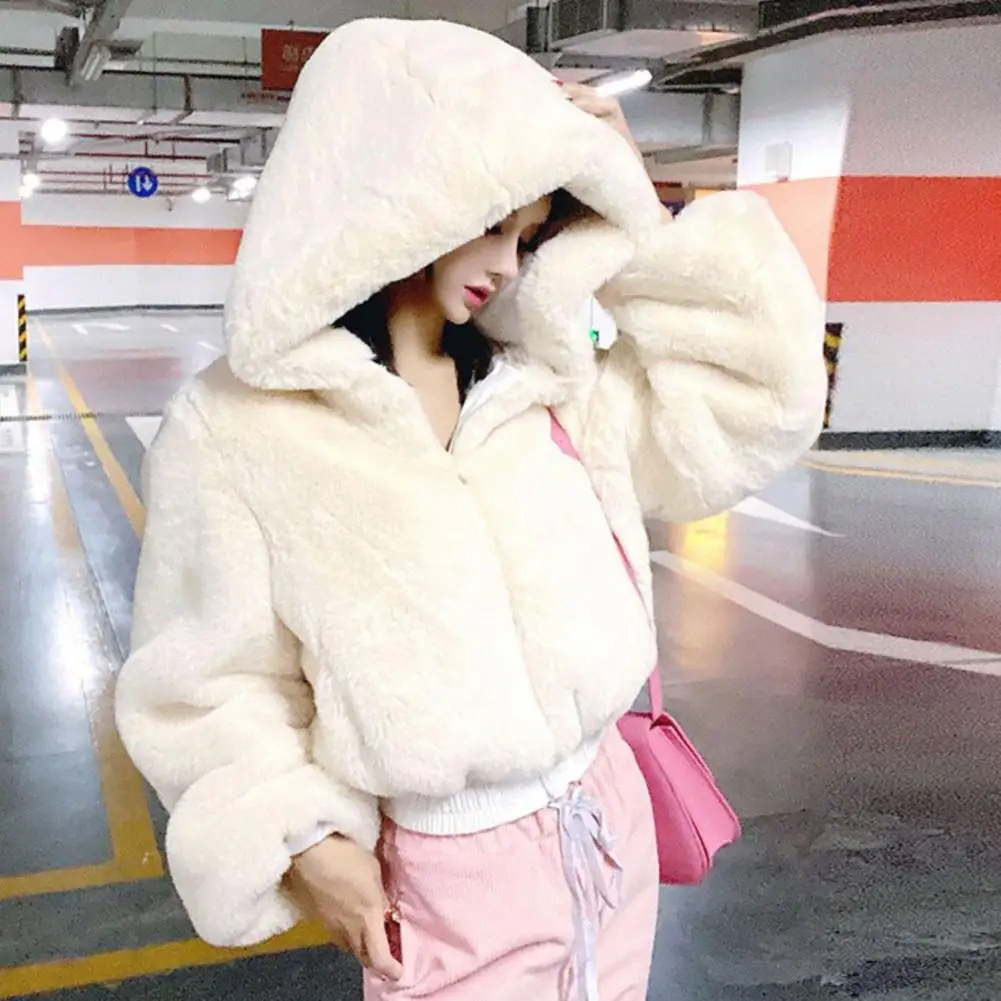 Autumn Winter Women Faux Fur Jacket Thickened Plush Hooded Lady Coat Solid Color Zip-up Long Sleeves Overcoat Women's Clothing