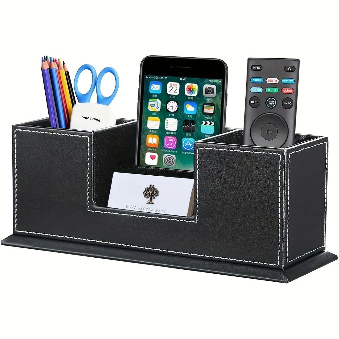 Desk Pencil Holder, Pen Holder for Desk, Black PU Leather Desktop Organizer, Executive Desk Organizers and Accessories, 4 Slots 