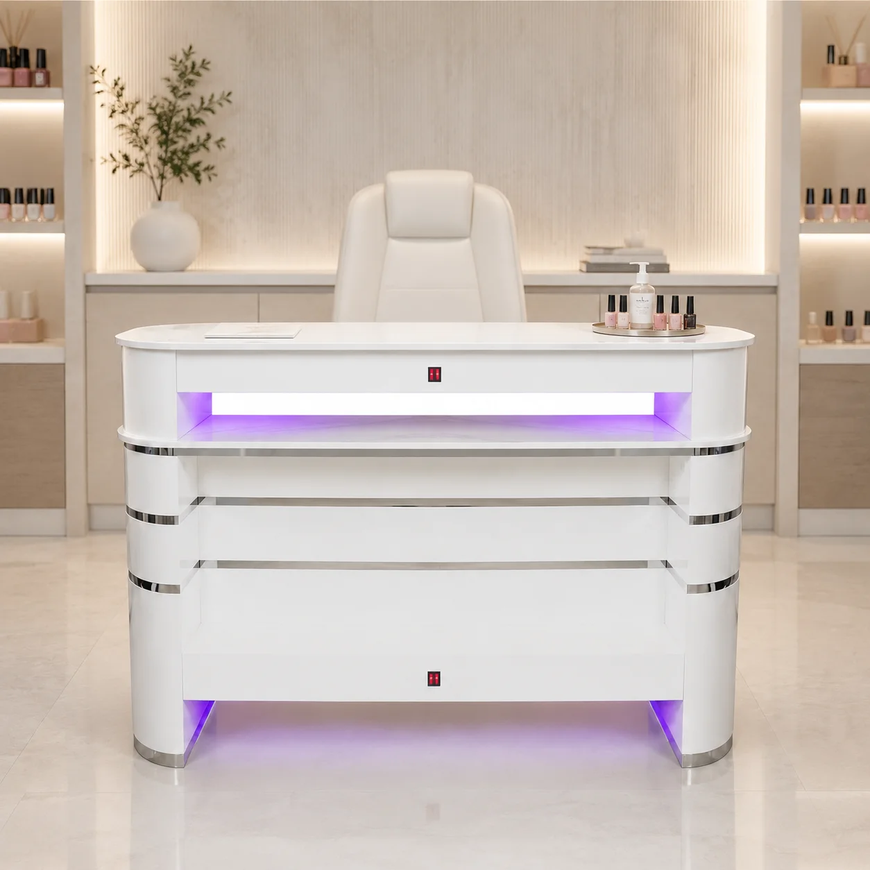 Manicure Drying Station 4 Powerful Fans 4 LED Lights Double Marble Layer for Professional Beauty Salon Workspace Setup