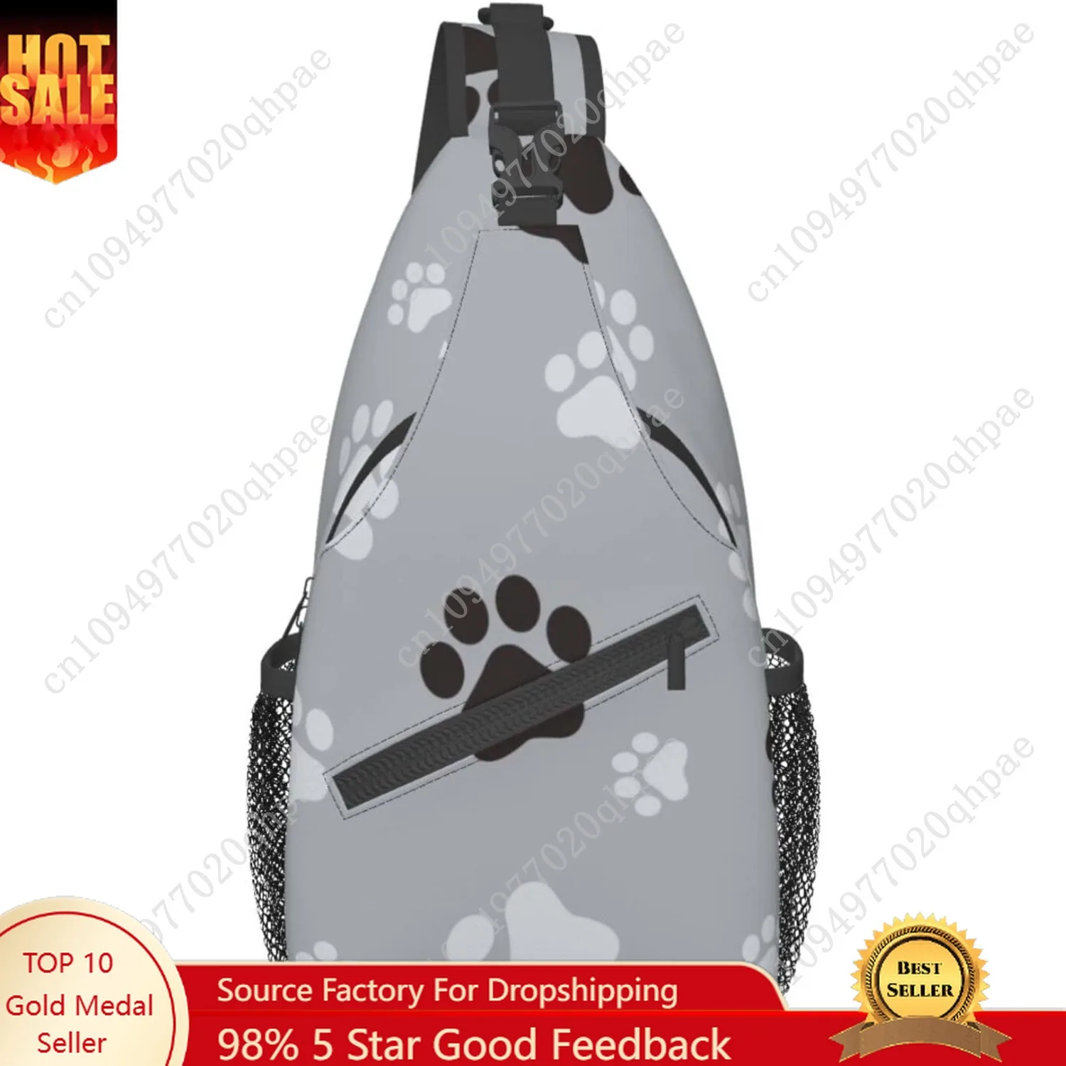 

Paw Print Sling Bag Crossbody Backpack,Animal Dog Paw Prints Black And Grey Claws Seamless Pattern Chest Bag Adjustable Casual S