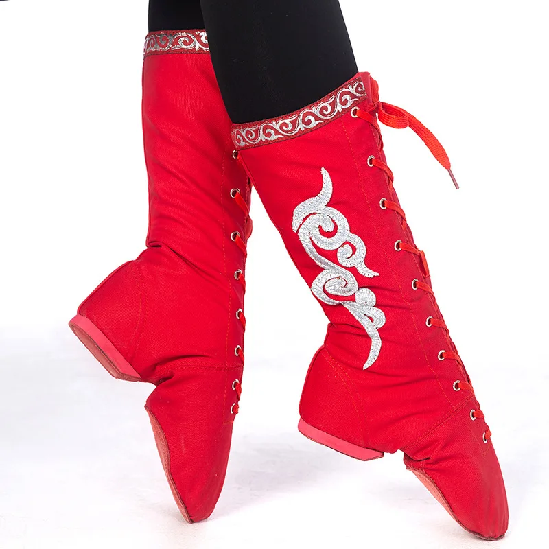 Tibetan Men Women Dance Boots Unisex Mongolian Dance Shoes Horse Boots New Canvas Dance Performance Ballet Boots Show Footware