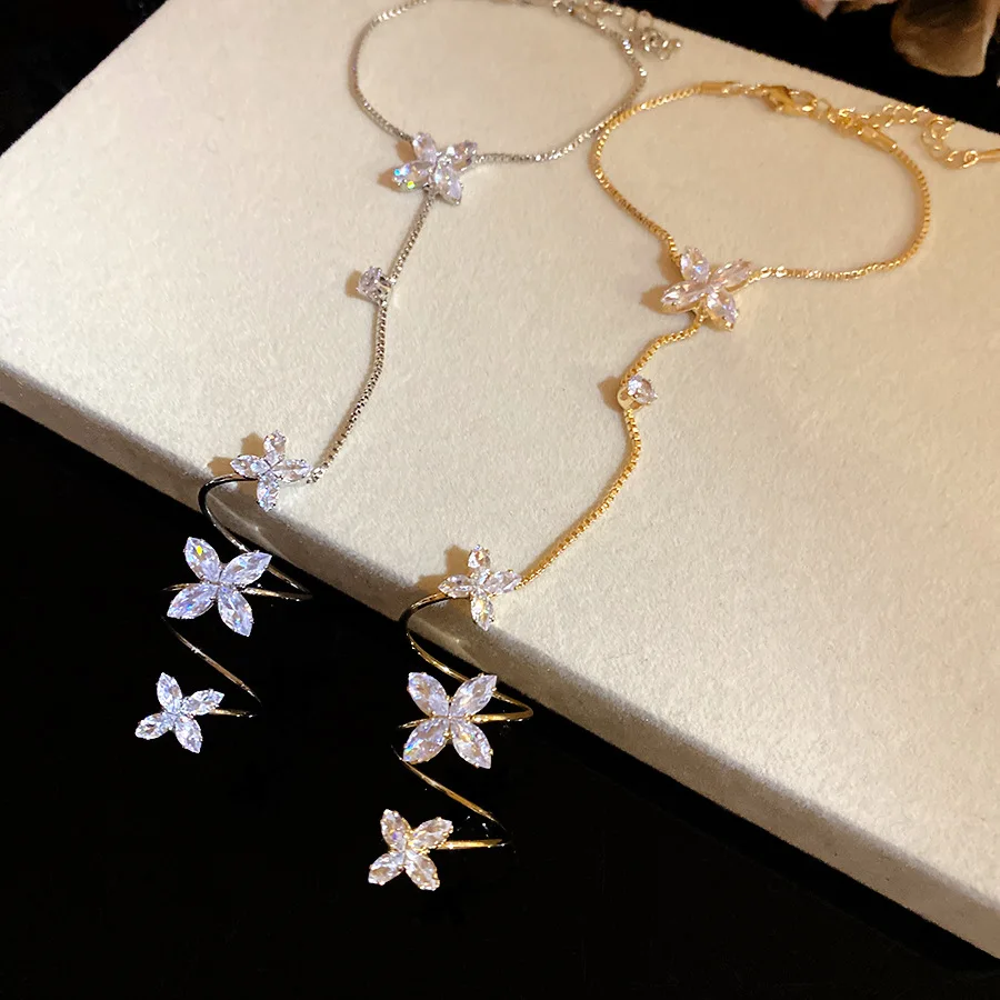 Siamesed Zircon Butterfly Bracelets Rings for Women Adjustable Flower Bracelets Personality Charm Birthday Party Jewelry Gift M1