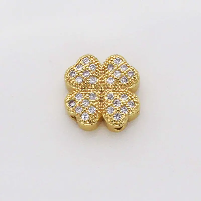 10pcs Clover Brass Micro Pave Cubic Zirconia Beads for Jewelry Making DIY Golden Platinum Color 14x14x5mm Hole: 1mm