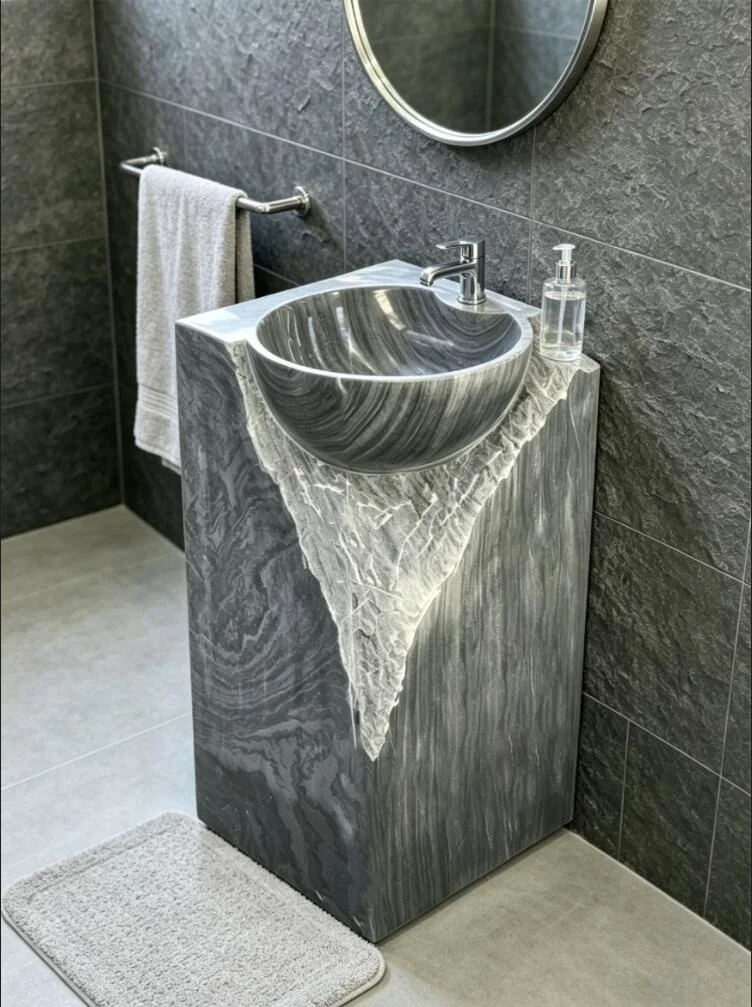 #￥Grey Wood Marble Stone  Basin Floating Bathroom Vanity Cabinet Set with Sink for Hotel Home Bathroom Basin Sink