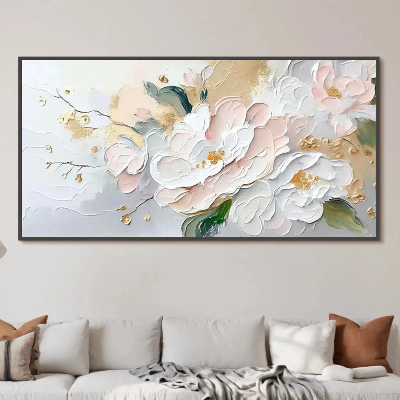 Frameless Painting, Creamy Peony Flowers, Modern Floral Painting, 2D Texture, Horizontal Wall Art, Fashion Theme, Gift for Bedro