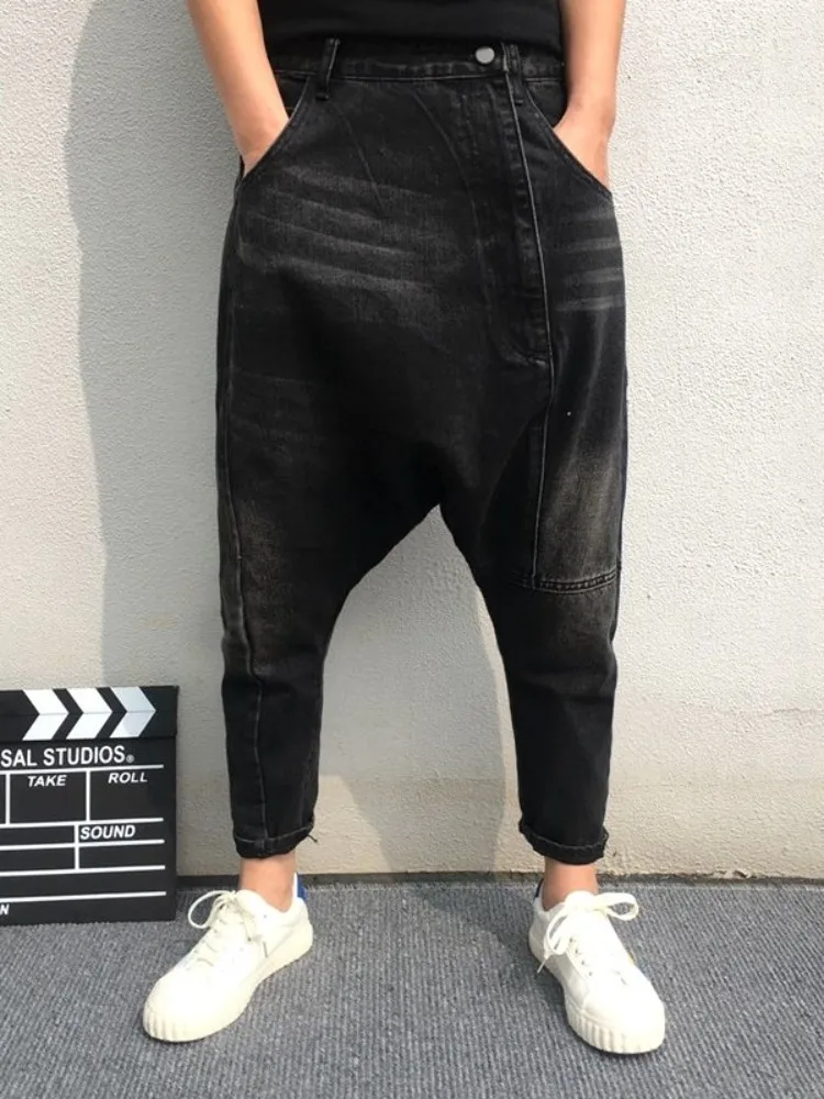 Hip Hop Denim Harem Pants Men Button Fly Personality Loose Fit Streetwear Drop Crotch Casual Pants Summer Mens Fashion Trousers