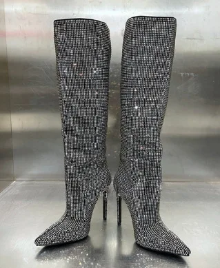 Neue knielange Stiefel mit spitzen Zehen und Sternenhimmel-Strasssteinen, schmaler High-Heel, kniehohe Stiefel in Übergröße für Damen – Detail 24